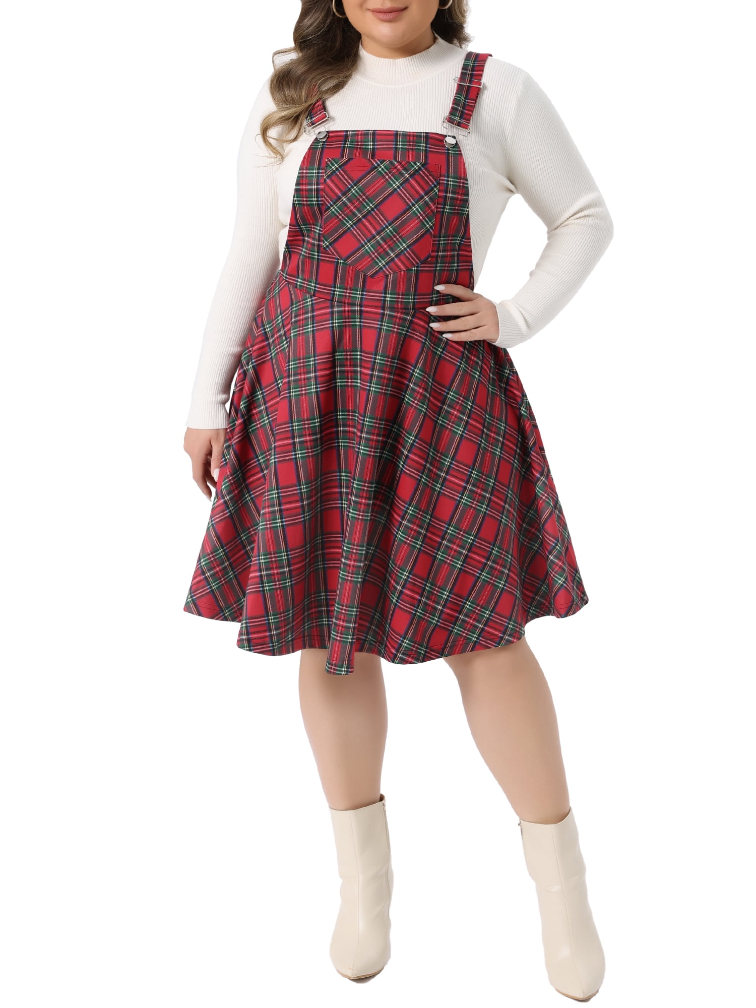DARING DIVA Women's Plus Size Overall Plaid Swing Adjustable Straps Dress 4X Red
