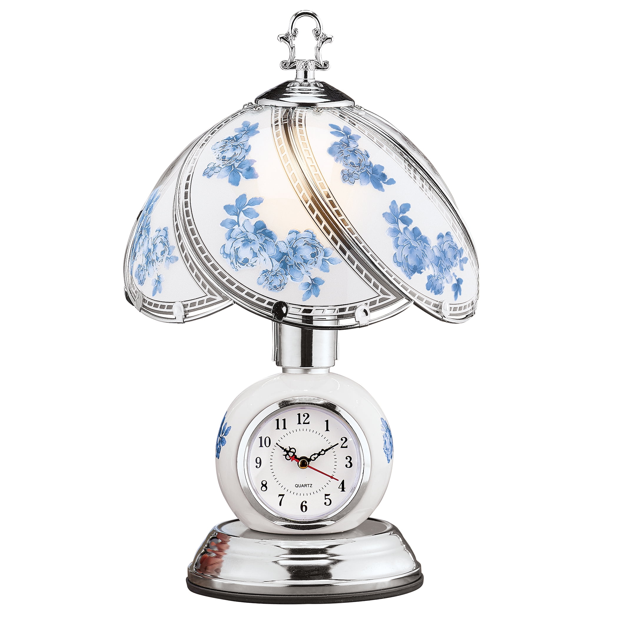Rose Glass Panel Touch Lamp with Analog Clock Silvertoned Base 3