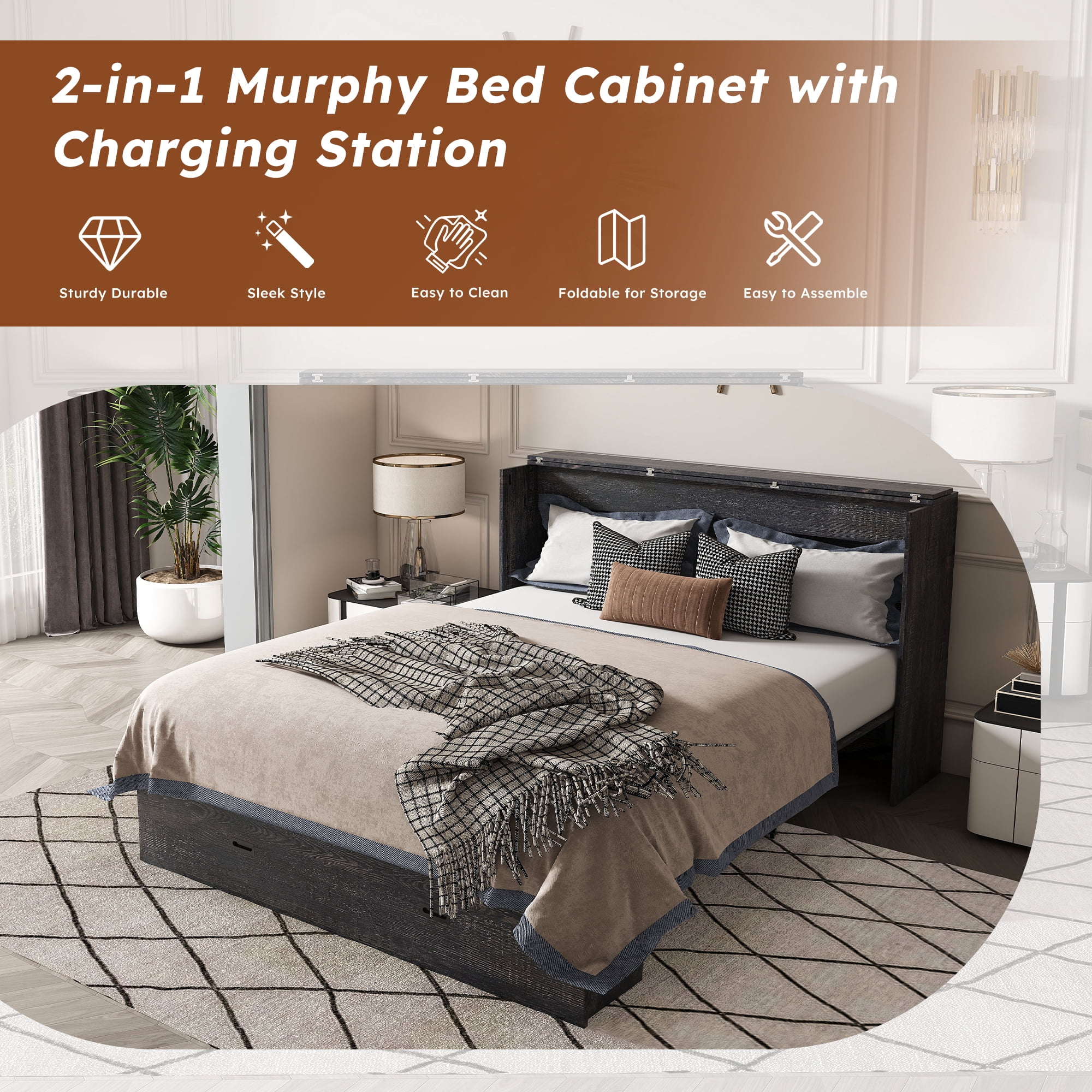 Mintazer Full Murphy Bed with 2.8" Mattress & Charging Station, Foldable Cabinet Bed with Storage Drawers for Bedroom Guest Room&nbsp;Living Room, Black
