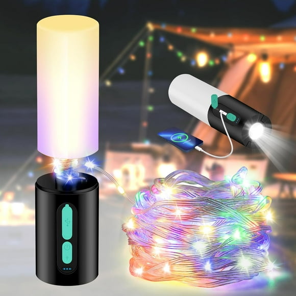 Color String Lights + Camping Lantern Flashlight: 33FT Camping String Lights with 4000mAh Power Bank, Waterproof LED Camping Lights