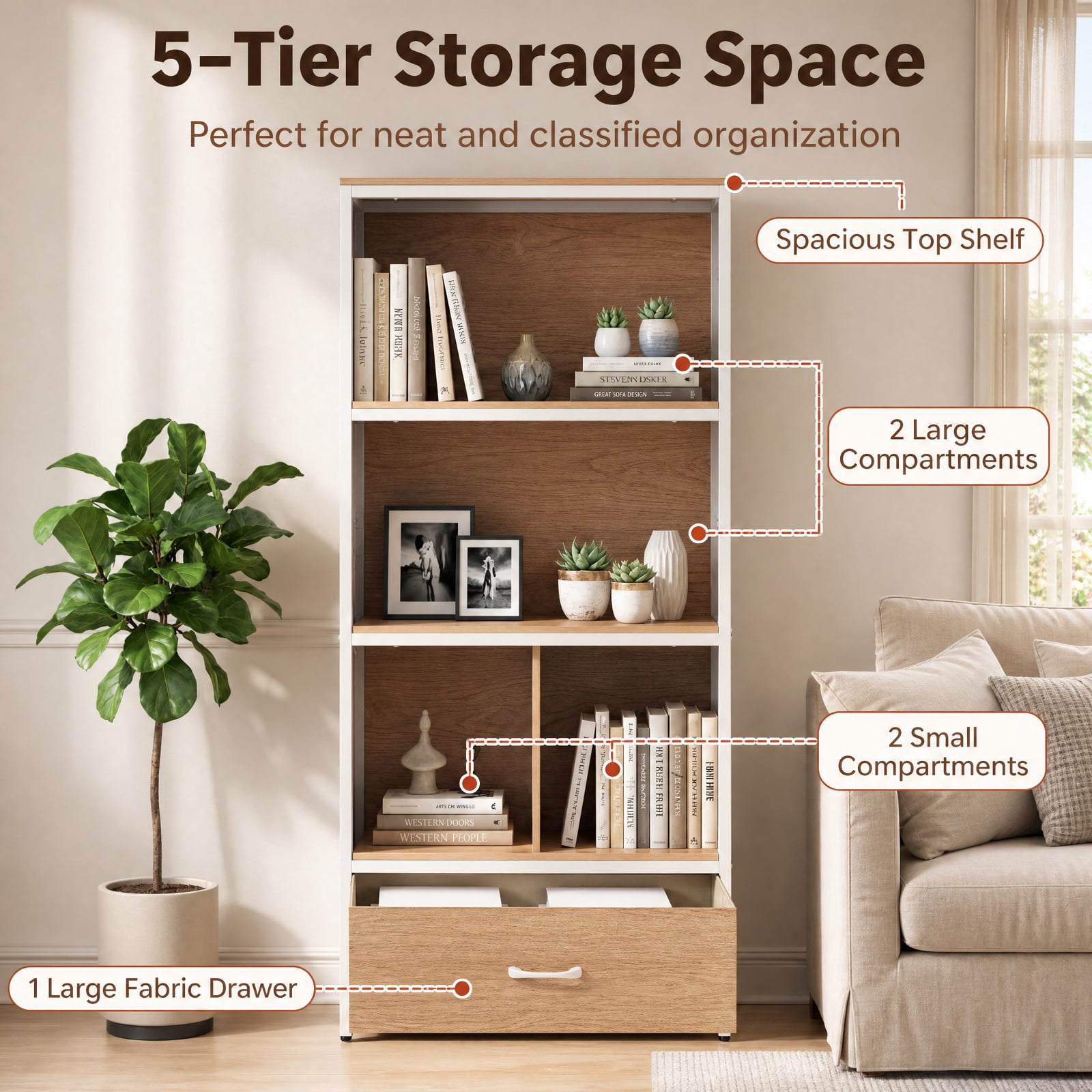 Furnibear 56" Tall Freestanding Bookcase with Drawer 5 Tier for Living Room Home Office Bedroom Display Storage Shelf, Natural