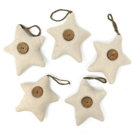 - Natural White Fabric Rustic Star Christmas Ornaments - Set of 5