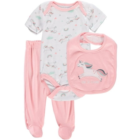 Bon Bebe Girls 0-9 Months Unicorn Bodysuit Pant Set with Bib(Pink 0-3 Months)
