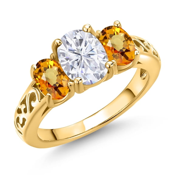 Gem Stone King 18K Yellow Gold Plated Silver White Moissanite and Yellow Sapphire Filigree Style 3 Stone Ring for Women (2.73 Cttw, Oval 8X6MM and 6X4MM) (Size 7)