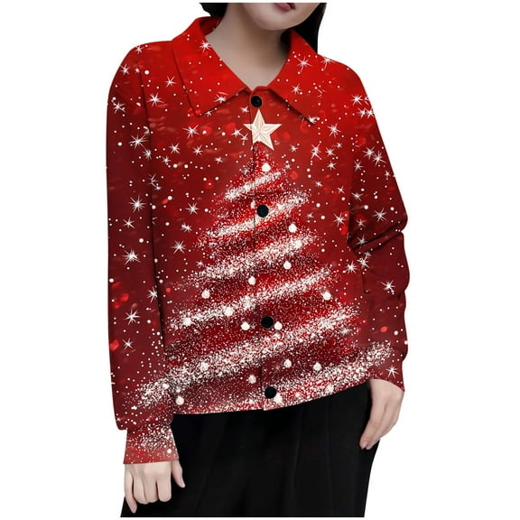Makaor Formal Blouses for Women Collared Shirts Tops Button down Christmas Tree Graphic Long Sleeve Pullover Tees Knit Cute Vacation Clothes