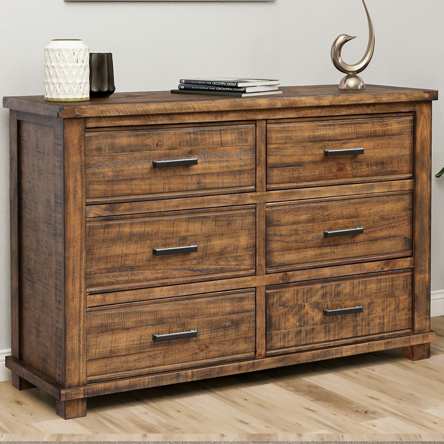 Rustic Reclaimed Pine Wood 6 Drawers Wider Dresser, Industrial Style
