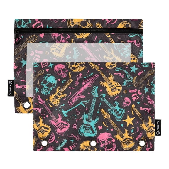 Neon Guitar and Skull 2 Pack Pencil Pouch for 3 Ring Binder Smooth Zipper Folders with Pockets Clear Window Pencil Case