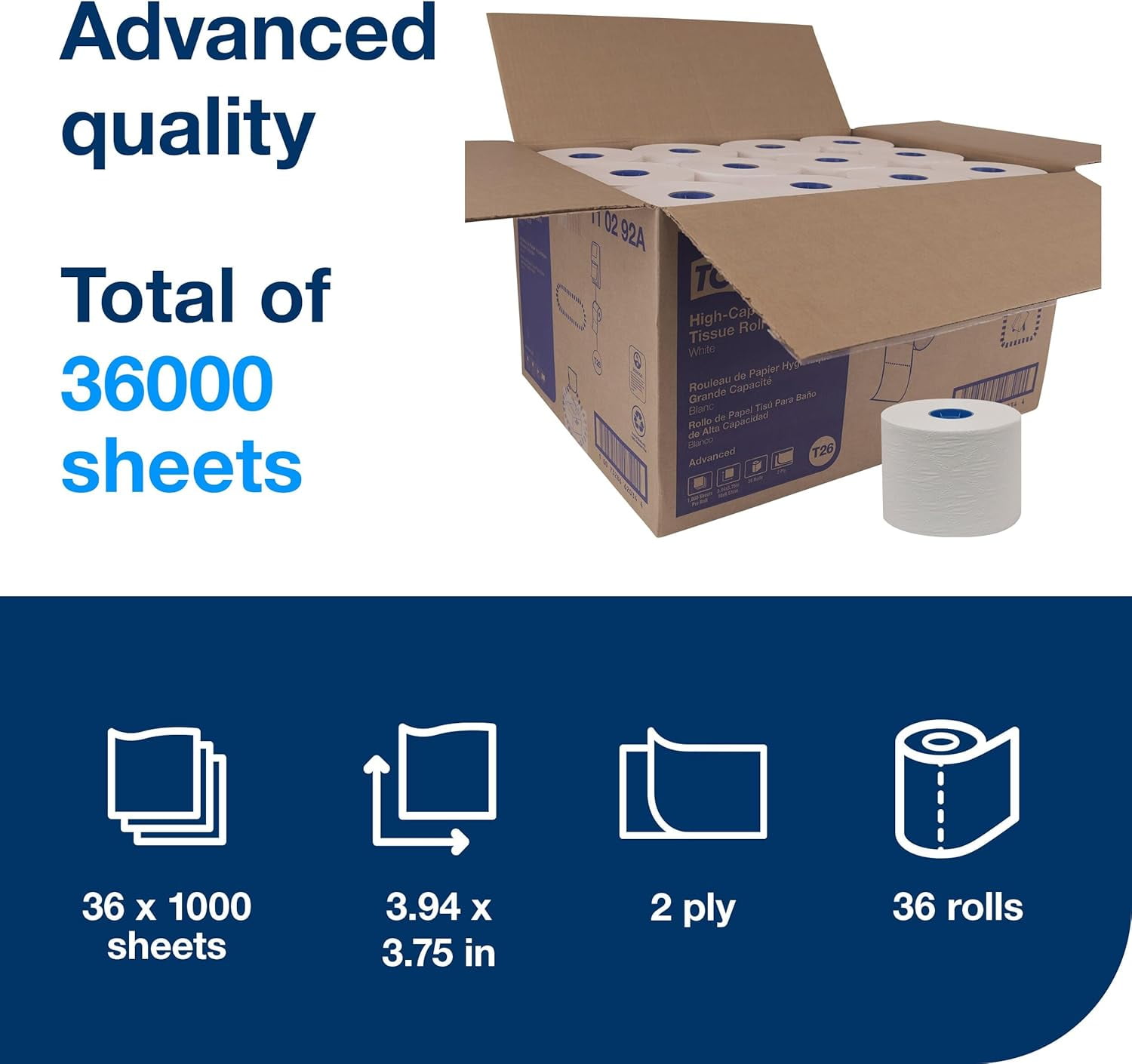 High-Capacity Toilet Paper Roll White T26, Advanced, 2-Ply, 36 x 1000 sheets, 110292A