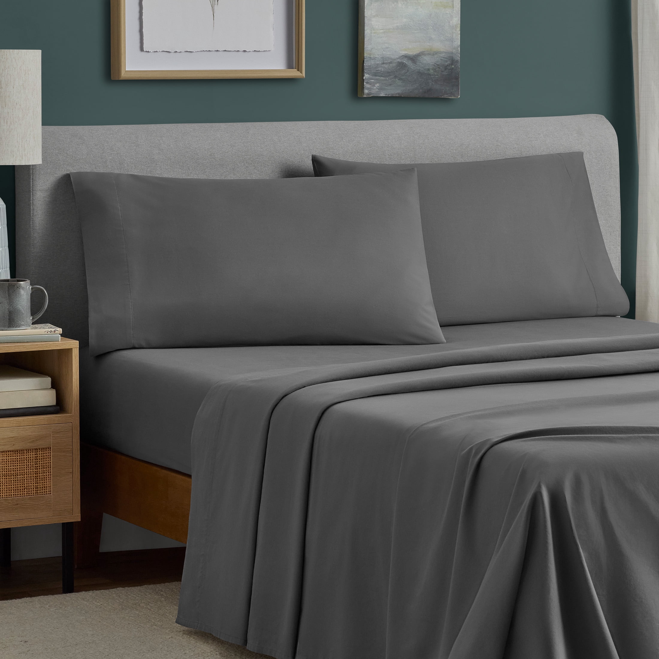 Mainstays 100% Cotton Dreamy Soft 4-Piece Bed Sheet Set, 220 Thread Count Brushed and Washed Sateen, Deep Pocket, King, Soothing Grey