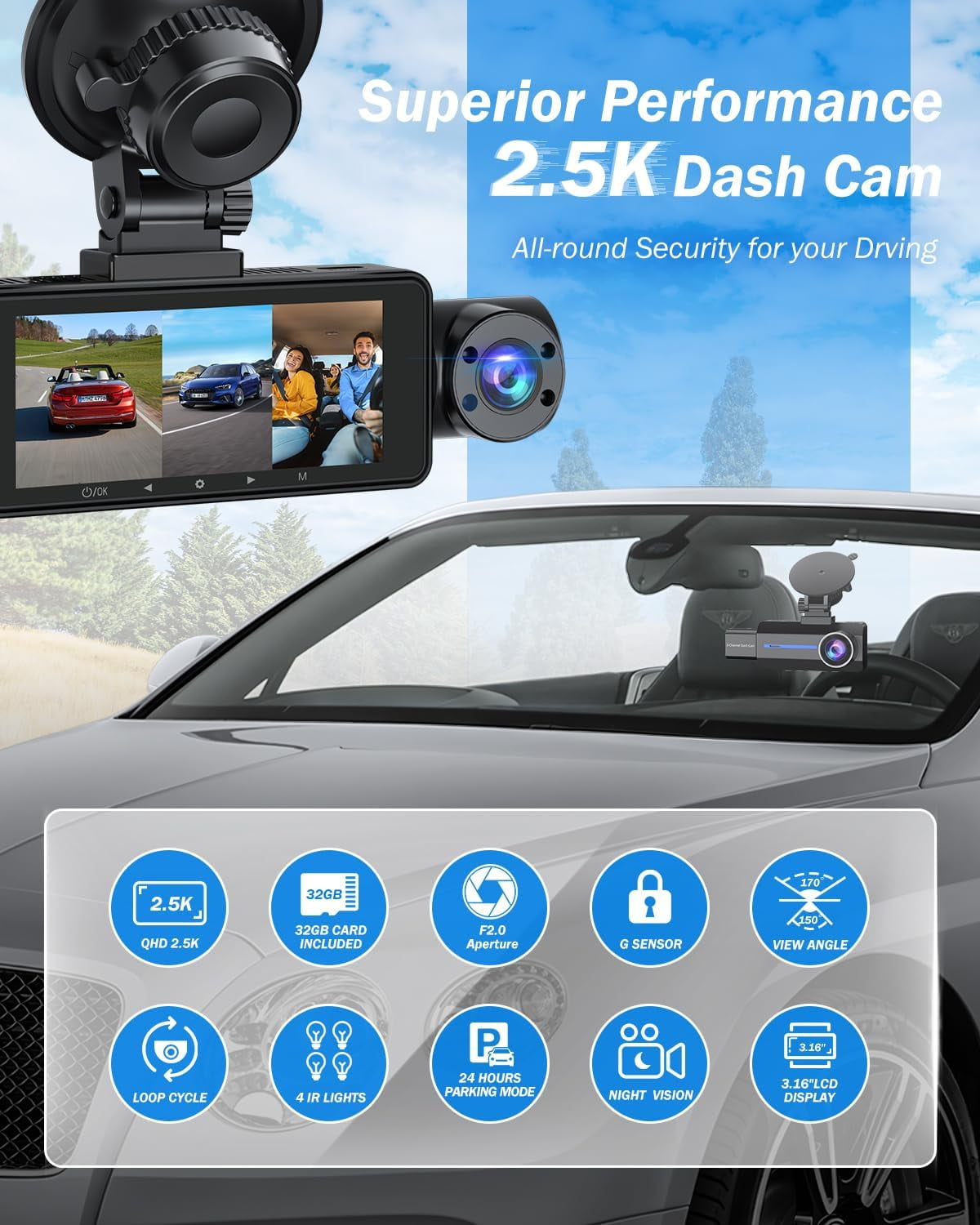 3 Channel Dash Cam, 4K/2.5K+1440P Dash Cam Front and Rear Inside, Dash Camera for Cars, Triple Car Camera with 32GB Card, G-Sensor, 24Hr Parking, Loop Recording, IR Night Vision, Blue