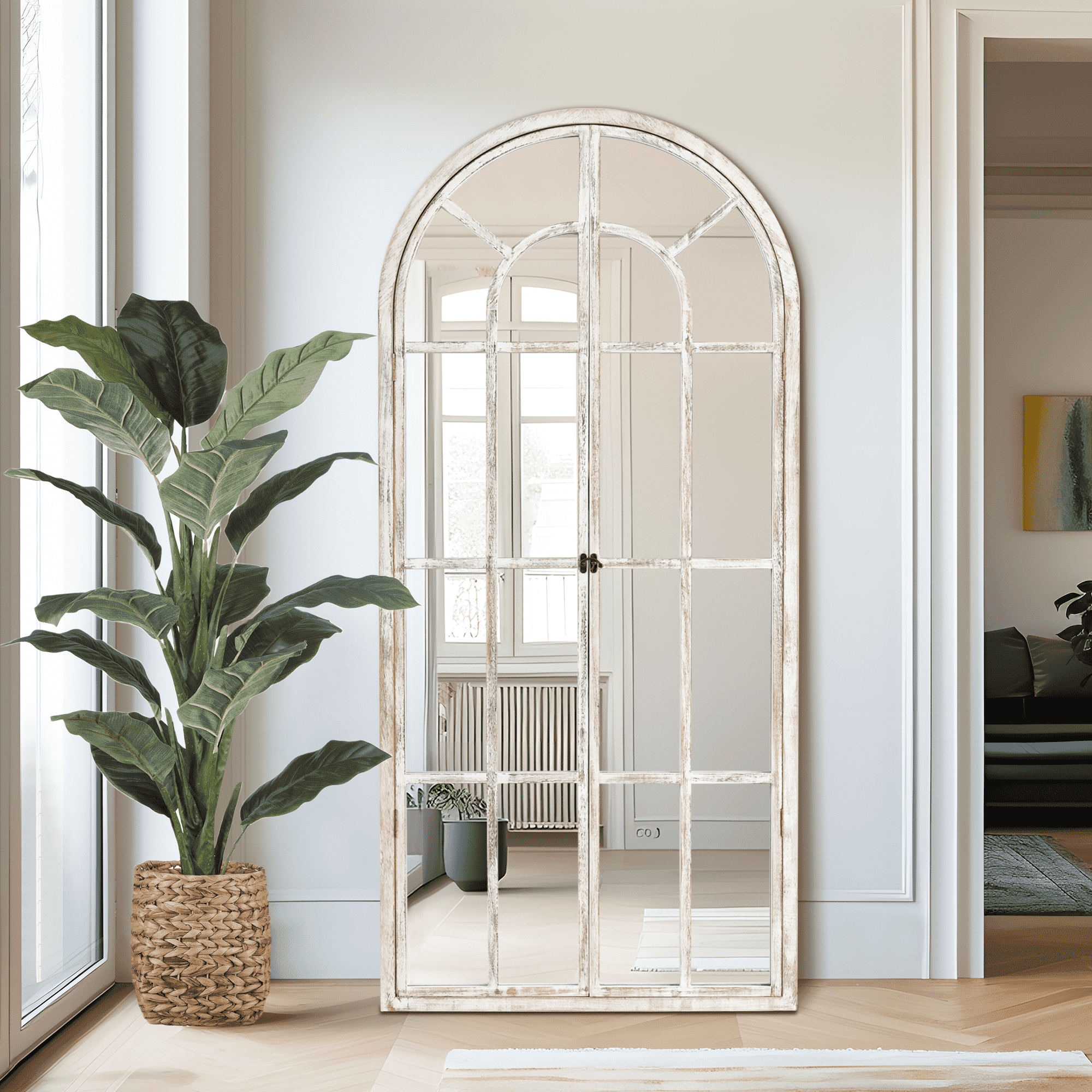 MAYEERTY 71"x32" White Arched Wall Mirror Full Lengthr with Hanging Mirror