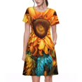 thumbnail image 1 of Fotbe Robe Jaune Profond Motif Tournesol Coloré Décontractée Mode Femme Manches Courtes Robe Maxi Robe T-Shirt Rayée Longue à Blocs de Couleur, 1 of 6