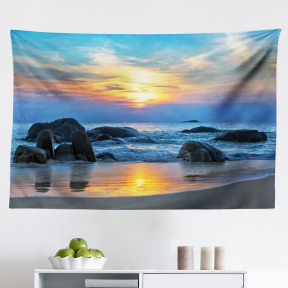 Beach Tapestry, Colorful Majestic Sunrise Sky Over Ocean with Rock Calm Seacoast Photo, Fabric Wall Hanging Decor for Bedroom Living Room Dorm, 2 Sizes, Blue Orange Cream, by Ambesonne