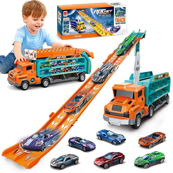 Caunedy Toddler Car Truck Toys,2.8 ft Foldable Race Track Transport with 6 Die-Cast Metal Vehicles,Carrier Toy Gift for 3-8 Years Old Kids