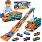 Caunedy Toddler Car Truck Toys,2.8 ft Foldable Race Track Transport with 6 Die-Cast Metal Vehicles,Carrier Toy Gift for 3-8 Years Old Kids