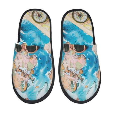 Balery Vintage Map Travel Essentials Slient Indoor Furry Fleece Comfort House Shoes Soft Non-Slip Home Shoes Cotton slippers House Slippers-- Large