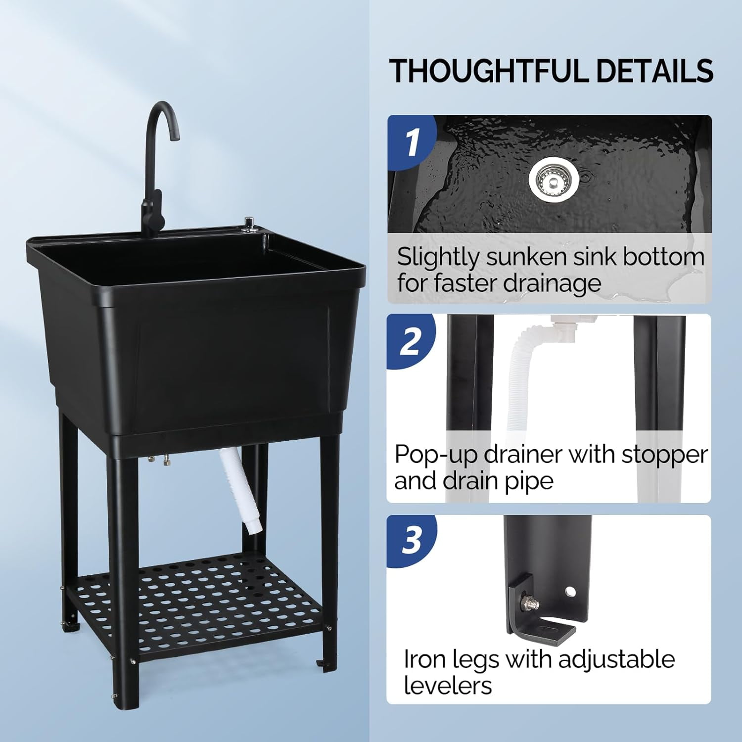 ROVSUN Plastic Utility Sink, Freestanding Sink with Hot&Cold Faucet, Soap Dispenser, Drain Plug and Iron Legs with Storage shelf, Perfect for Basement, Laundry Room, Garage, Black 23.6"×23.6"×36.2"