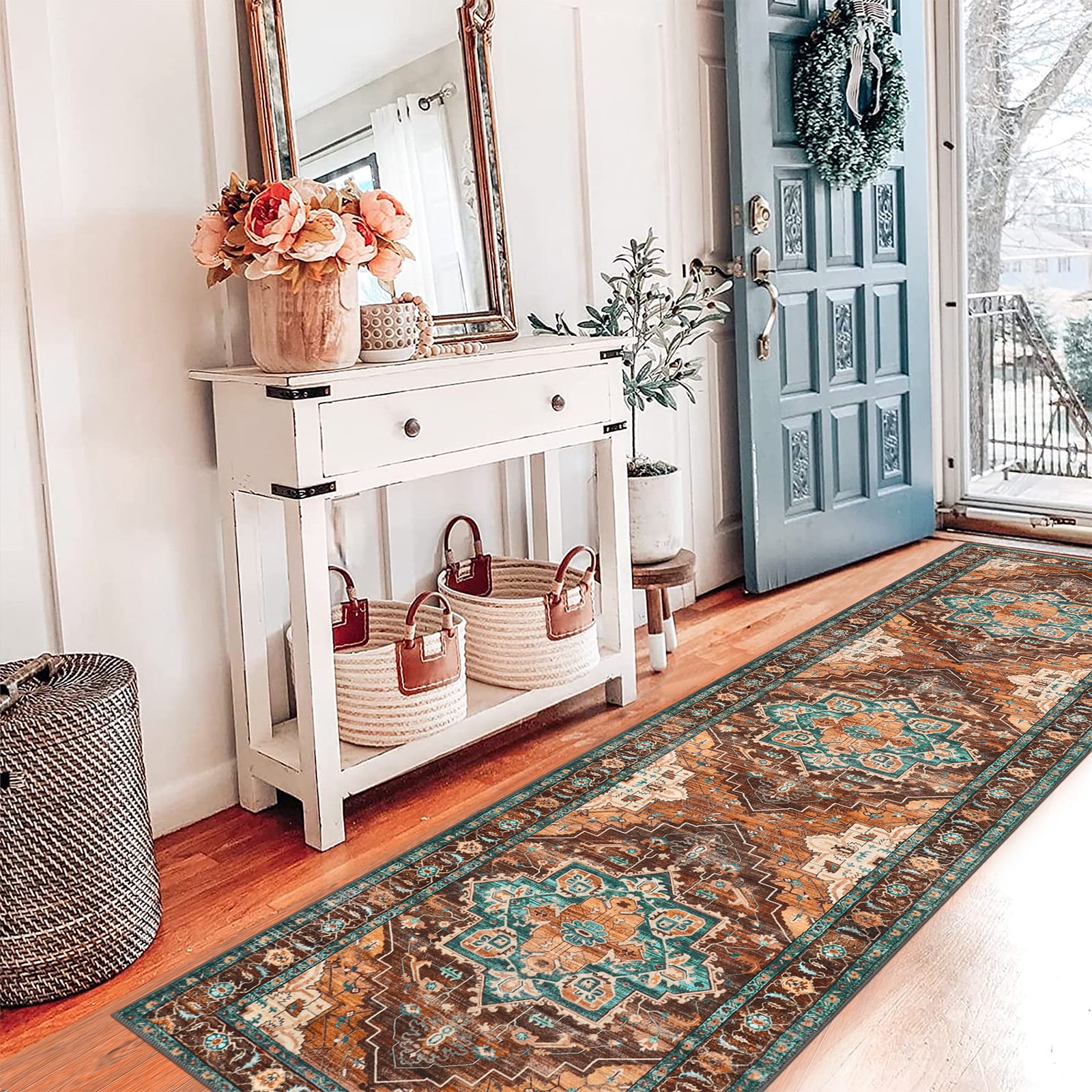2 x 8 ft Washable Hallway Runner Rugs, Non-Slip Soft Kitchen Rug Runner Laundry Room Rug, Vintage Floor Runner for Kitchen Entryway Laundry Room