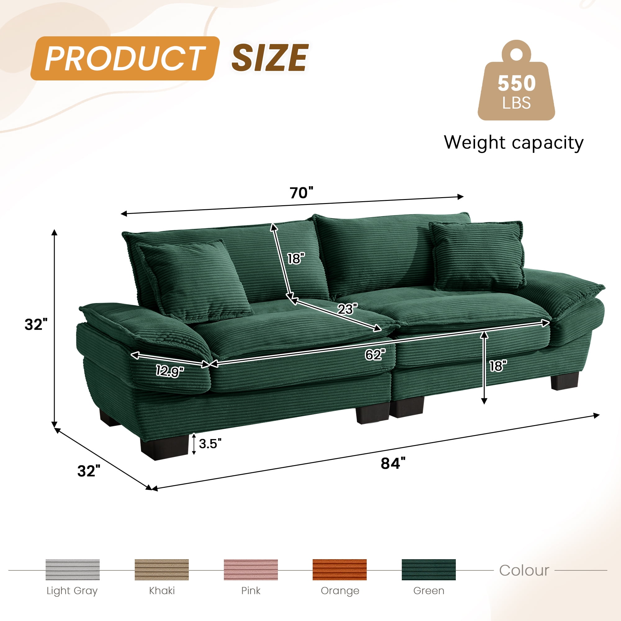 Dinosisco 84"L Deep Seat Sofa, Corduroy Upholstered Sleeper Couch for Living Room, Green