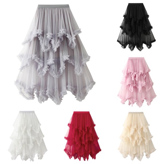 Spring Elastic Women Mesh Solid Skirt A Line Color Waist Long Skirt High Skirt Skirts One Size