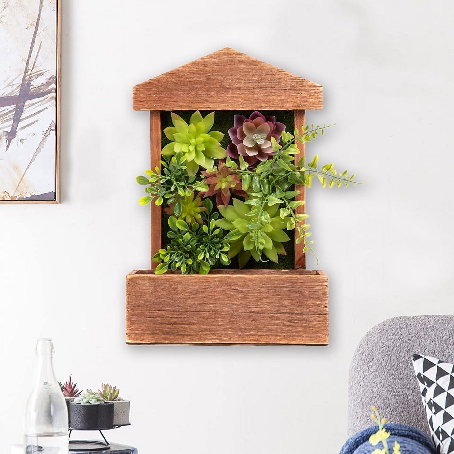 K-Cliffs 3D Wooden House Shape Frame with Faux Succulents and 3 Key Hooks, Wall Arrangement, Brown