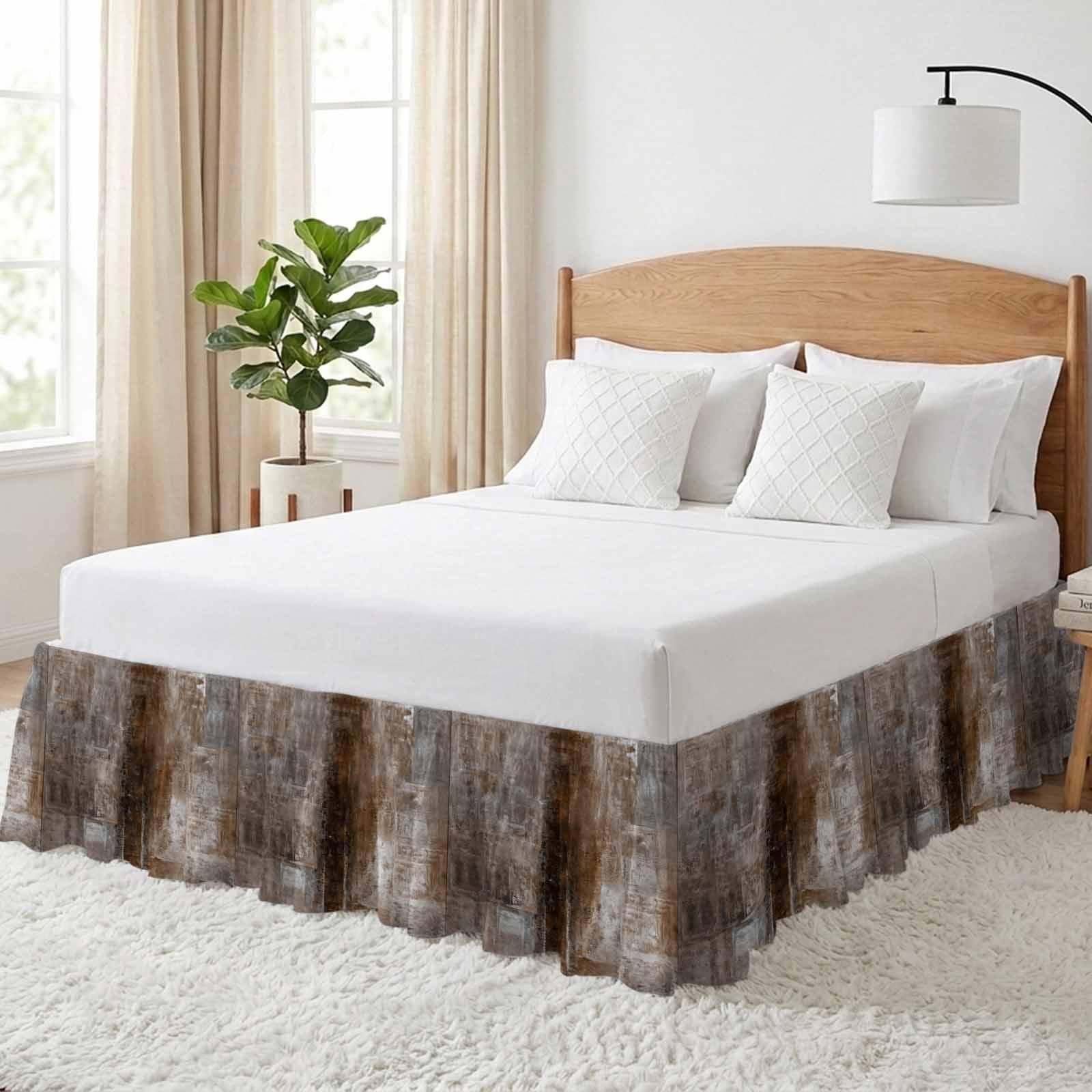 Brown Bed Skirt Queen Size 16 Inch Drop, Adjustable & Elastic Wrap Around Bed Skirts Pleated Dust Ruffles For Twin Full Queen Cal King Base Beds, Retro Oil Painting Modern Abstract Art Aesthetics