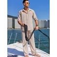 thumbnail image 4 of Coshow Men's Linen 2 Piece Set Long Sleeve Button Down Cuban Shirt and Pants Casual Summer Beach Outfit, 4 of 5