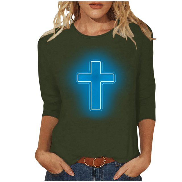RKSTN Hauts pour Femmes Mode Décontractée Imprimé Crucifix Col Rond Manches 3/4 T-Shirt Couleur Unie Ajusté Blouse Printemps Été