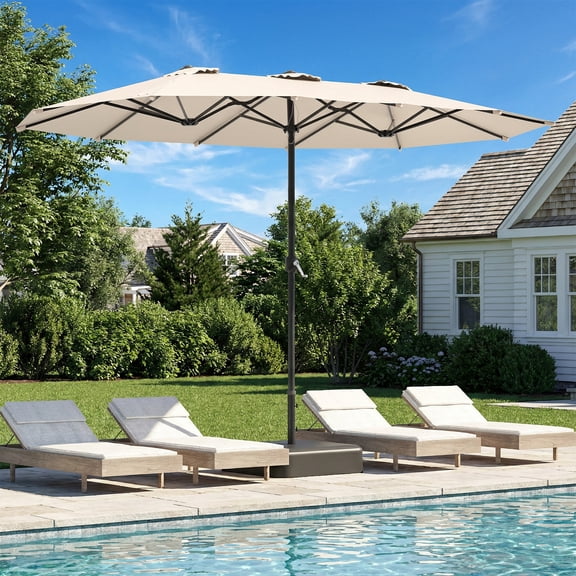 AECOJOY 15 x 9 ft Patio Umbrella with Base, Double-Sided Rectangular Market Umbrella with Crank Handle, 1.9" Pole, Beige