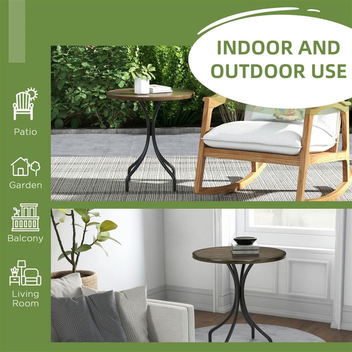 Demi Bonn 26" Round Outdoor Side Table, Steel Frame Slat Top, Garden Backyard for Outdoor Dining, Brown