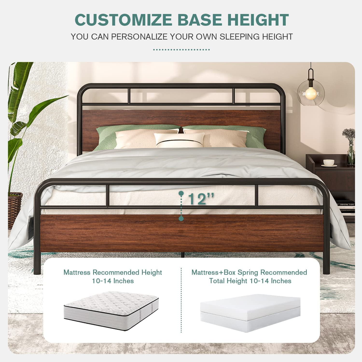 Allewie Walnut Queen Size Metal Platform Bed Frame with Wooden Headboard, Noise free