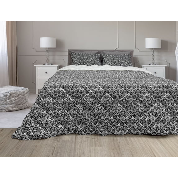 Victorian Comforter & Sham Bedding Set, Antique Design with Botanic Plant Details Swirls and Flowers Print, 3 pcs Duvet Set Microfiber Filling Quilt, 5 Sizes, Black and White, by Ambesonne