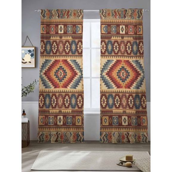 Retro Southwest Sheer Curtains for Living Room Bedroom Boho Aztec Tribal Abstract Geometric Sheer Curtains 84 Inch Long 2 Panels Set Light Filtering Curtain Window Treatments Drapes for Dining Room