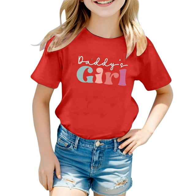 T-shirts Filles Été Décontracté Imprimé Lettre Multicolore Col Rond Manches Courtes Hauts Filles Rouge 1-2 Ans