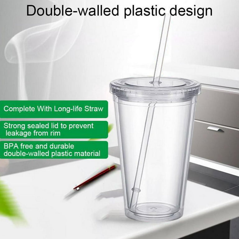 Drink Straw Cup Transparent Insulated Coffee Cup with Cup Double Lid  Plastic C2W2