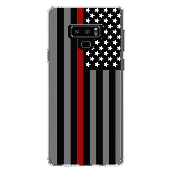 DistinctInk Clear Shockproof Hybrid Case for Samsung Galaxy Note 9 - TPU Bumper, Acrylic Back, Tempered Glass Screen Protector - Thin Red Line US Flag Fire Rescue - First Responders