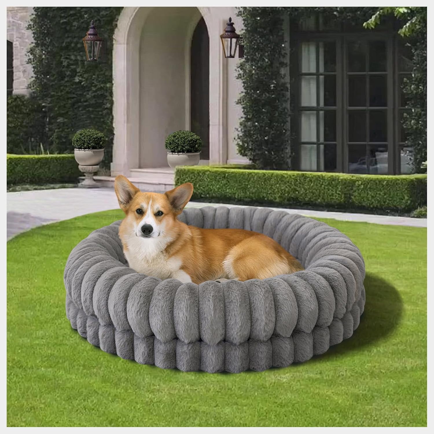Luxury Donut Dog Bed, 30 Inches Round Dog Bed Medium Size Dogs Washable, Orthopedic Calming Dogs Bed for Pets with Anti-Slip Bottom, Gray