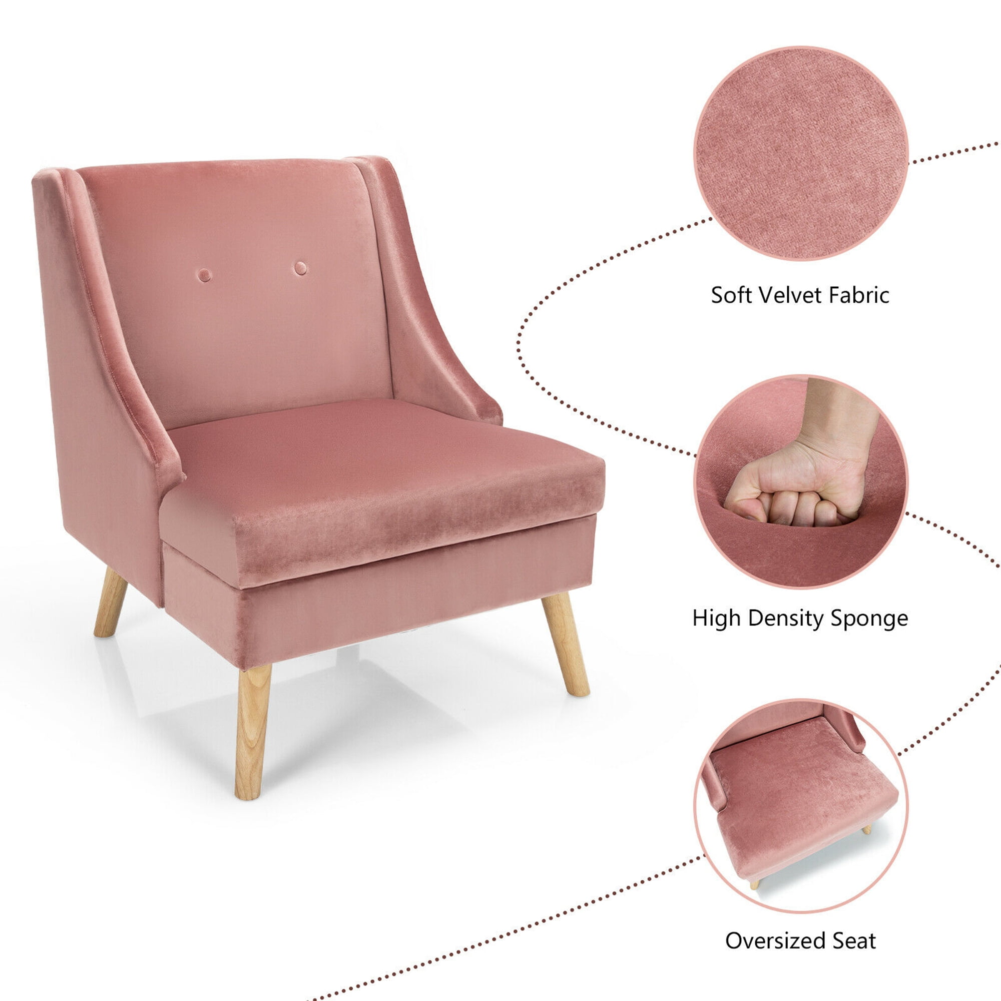 Gymax Velvet Upholstered Swoop Arm Accent Chairs with Rubber Wood Legs, Pink