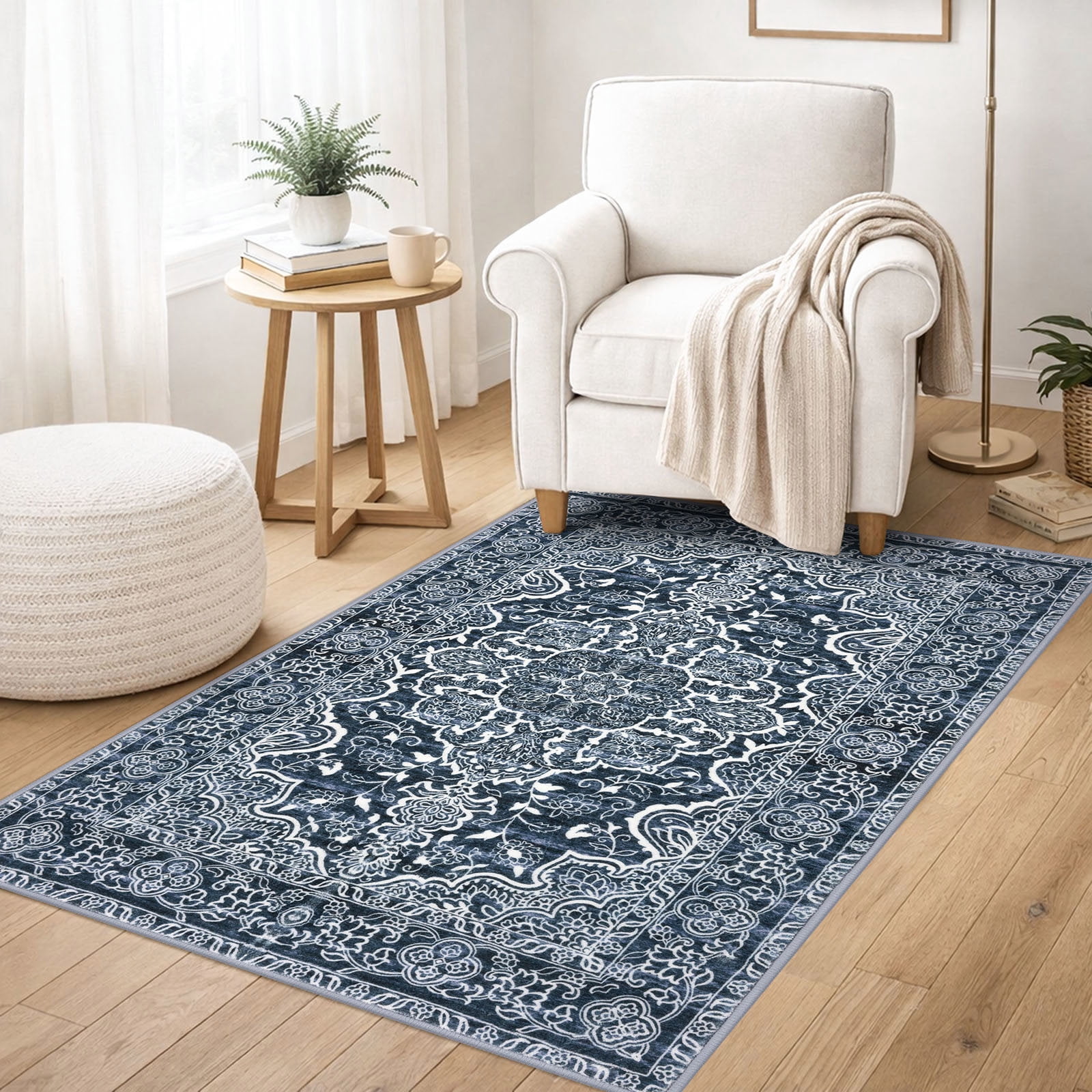 GLATTICE Washable Rugs 3x5 Navy Blue Area Rugs Vintage Floral Rug for Living Room Non-Slip Kitchen Rugs Soft Printed Distressed Entry Rug Low-Pile Throw Rug Carpet for Entryway Bedroom