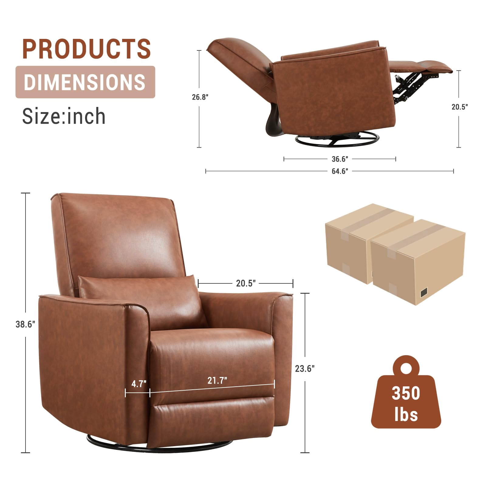 TROPOW 360° Swivel, Rocking Chair Nursery, Glider Rocker Recliner, PU Leather Sofa Chair with high Back, Deep Seat for Nursery, Living Room, Bedroom, Brown