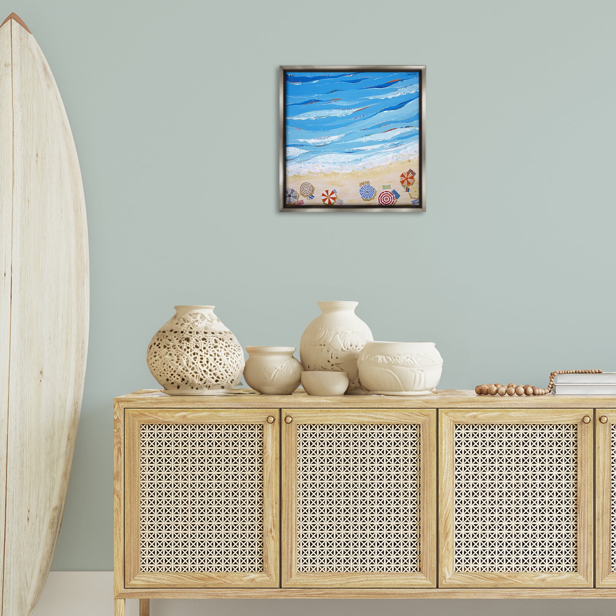 Stupell Industries Made In The Shade Beach Landscape Painting Gray Floater Framed Canvas Art Print Wall Art, 18 x 18