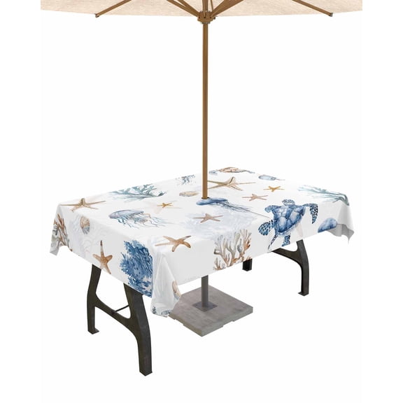 Fsddascl Blue Brown Coastal Outdoor Tablecloth - 52x70 Inch Rectangle Dining Table Cover, Nautical Summer Beach Sea Turtle Waterproof Outdoor Table Cloth with Umbrella Hole & Zipper for Picnic/Patio