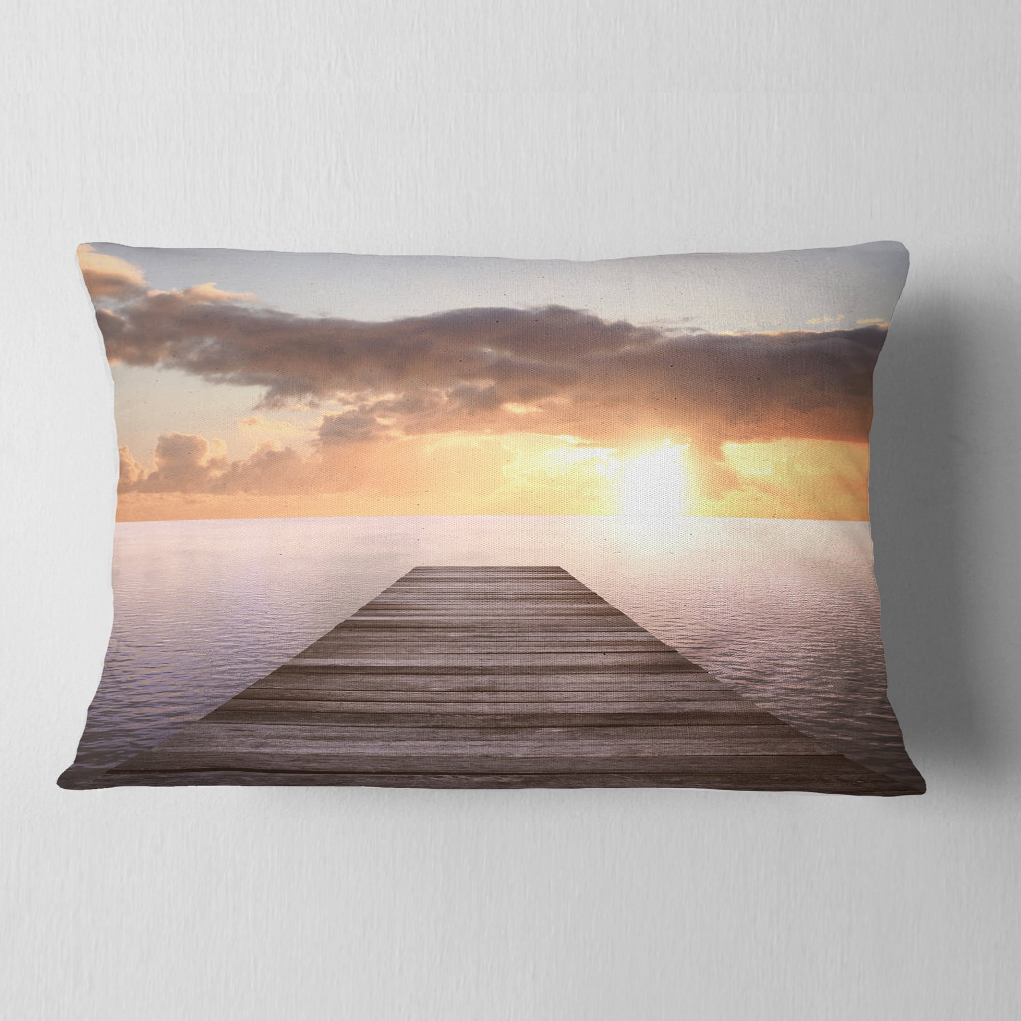 Designart Yellow Sea and Brown Pier - Seascape Throw Pillow - 12x20