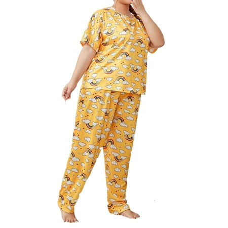 

Heart Pant Sets Round Neck Short Sleeve Slight Stretch Women s Plus Size Pajama Sets(14)
