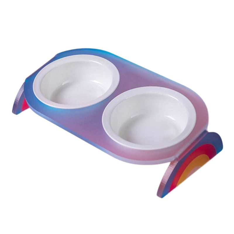 Yiran Ceramic Double Cat Bowl with Rainbow Stand, Blue