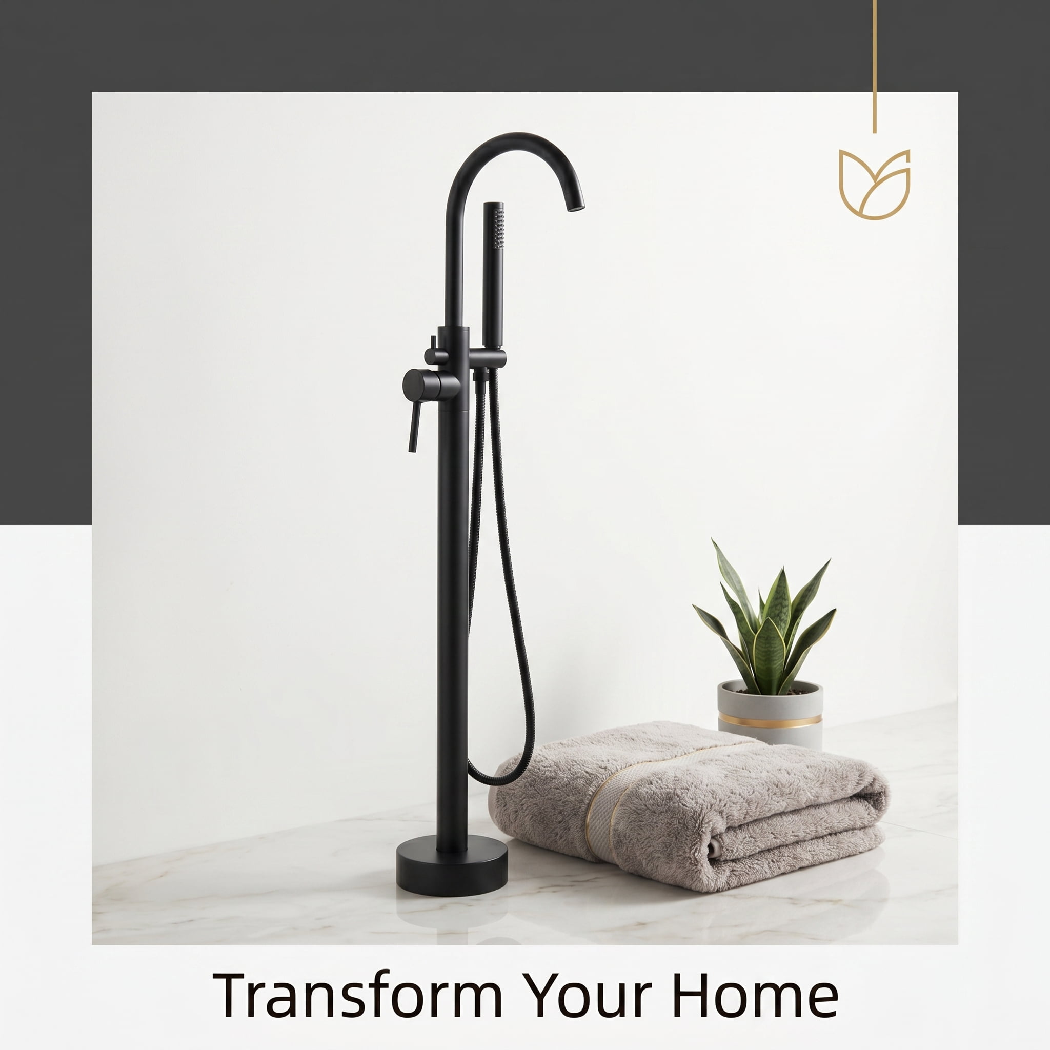 ROOMISLAND Floor Mount Bathtub Faucet Freestanding Tub Filler Standing High Flow Shower Faucets Shower Mixer Taps, with Handheld Shower, Matte Black
