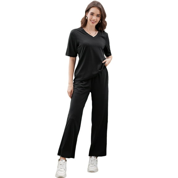 U2SKIIN Women Pajama Sets, Lightweight Nightwear Short Sleeve Sleepwear with Long Pants,(Black,L)