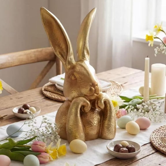 Vintage Gold Bunny Statue Easter Thinking Bunny Figurine for Home Table