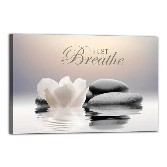 Zen Stone Canvas Wall Art with Yoga Quote Just Breathe, Framed Inspirational Poster Wrapped Wooden Frame Wall Decor,,Canvas Wall Art for Living Room,Bedroom,Office,Ready to Hang