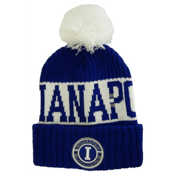 Indianapolis City Name Three Stripe Circular Patch Pom Beanie Winter Hat (Royal/White)